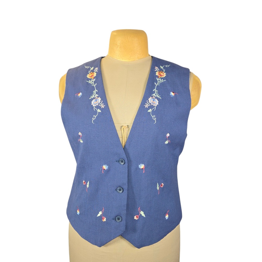 Leslie Fay Sportswear Vintage Blue Floral Embroidered Vest L 90s Made in USA